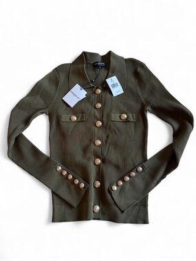 Generation Live Olive Green Ribbed Button-Front Ribbed Knit Collared Shirt
